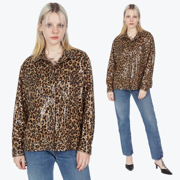 Y2K Cheetah Leopard Animal Print Sequin Pockets Button Down Shirt - Picture 1 of 3
